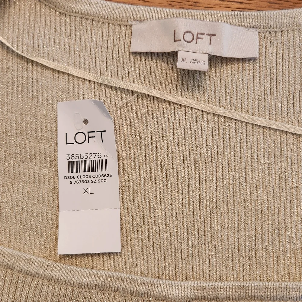 NEW Loft Gold Metallic Square Neck Short Sleeve Sweater Size XL